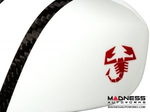 FIAT 500 Mirror Covers - Carbon Fiber - White Racing Stripe w/ Red Scorpion V2